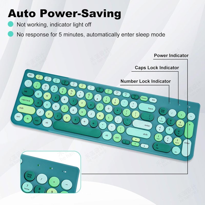 GUKJOB Wireless Keyboard and Mouse Combo, Retro Typewriter Keyboard with Round Keycaps, 2.4GHz USB Cute Wireless Keyboard Mouse for Computer, Desktop (Green) - Image 3